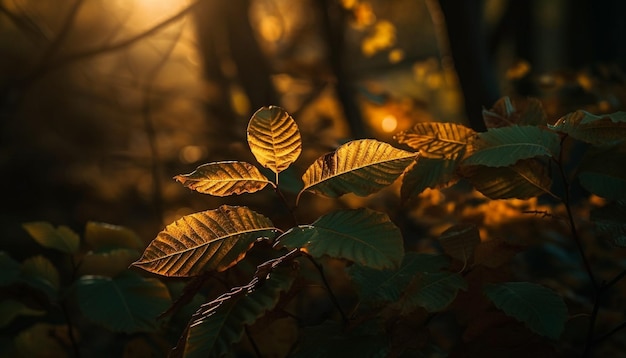 L'albero d'autunno si illumina d'oro sullo sfondo sfocato generato dall'intelligenza artificiale