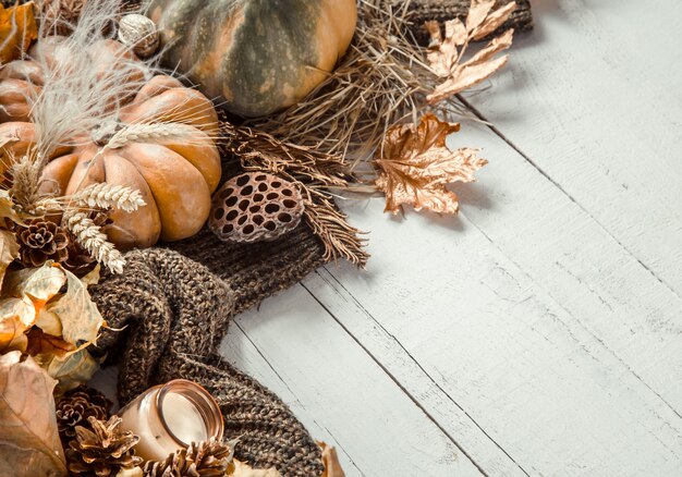 Autumn wall with decorative items and pumpkin.