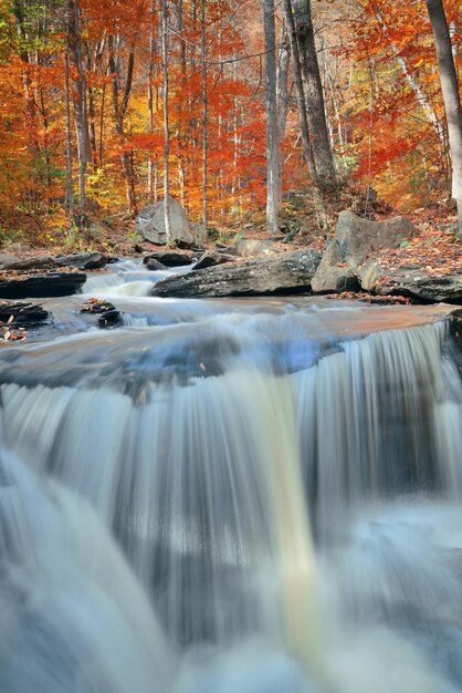 Autumn waterfalls in park with colorful foliage.