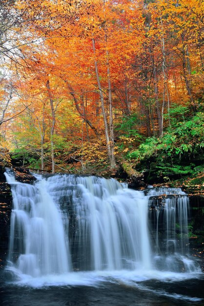 Autumn waterfalls in park with colorful foliage.