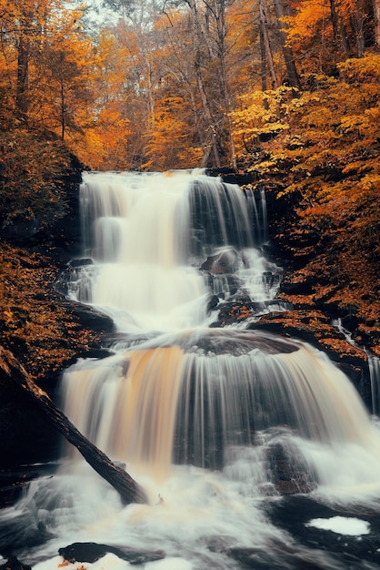 Autumn waterfalls in park with colorful foliage.