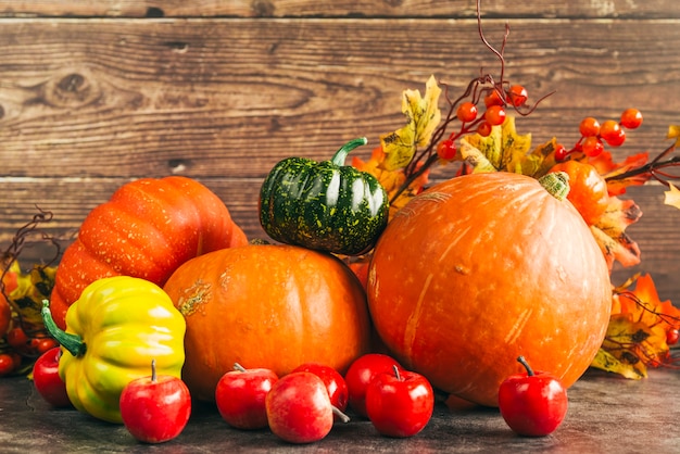 Autumnal harvest against wooden wall