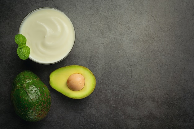 Avocado Avocado Yogurt Products made from avocado Food nutrition concept.