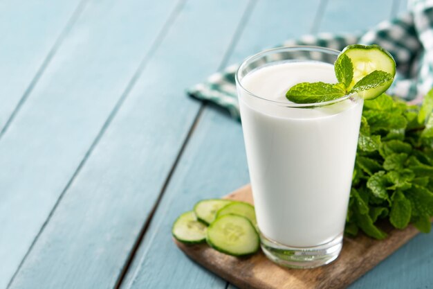 Ayran drink with mint and cucumber in glass