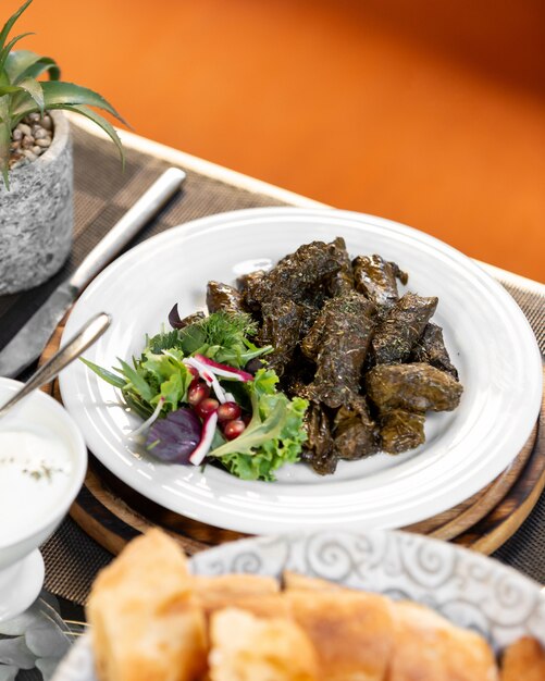 Azerbaijani grape leaves dolma served with pomegranate onion and herbs salad