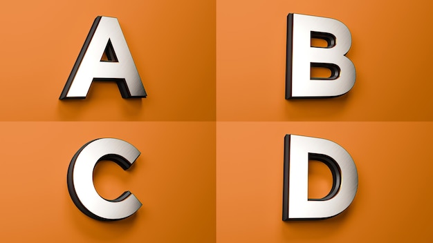 A b c d silver gold and black font orange background 3d premium alphabet letters 3d illustration