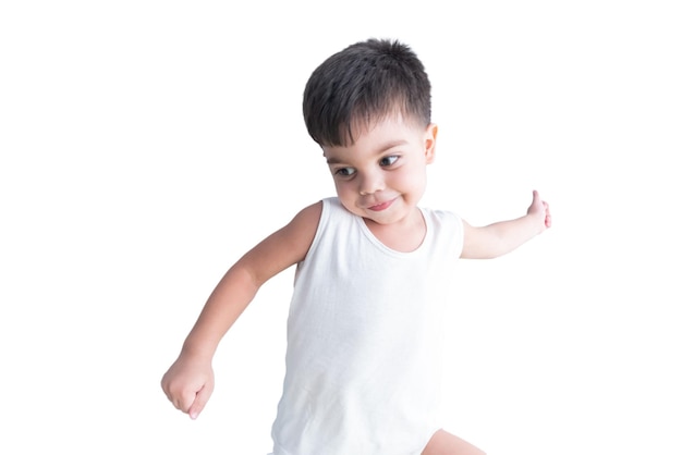 Baby boy in white tshirt over white background