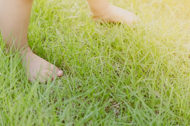 芝生の上に赤ちゃんの足