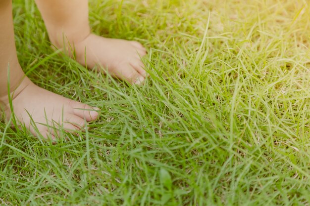 芝生の上に赤ちゃんの足
