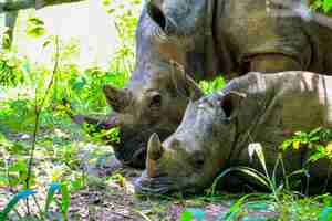 Free photo baby rhino laying near its mother near plants on a sunny day