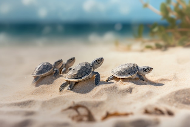 Free photo baby turtles hatching on the seaside