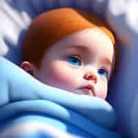 Free photo a baby with red hair is laying in a blue blanket.