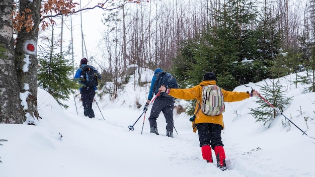 The back of experienced friendly hikers with bright ski costumes and colorful hats