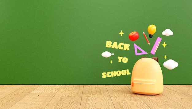 Free photo back to school concept with chalkboard background school bag and stationery element empty copy space banner cartoon 3d illustration