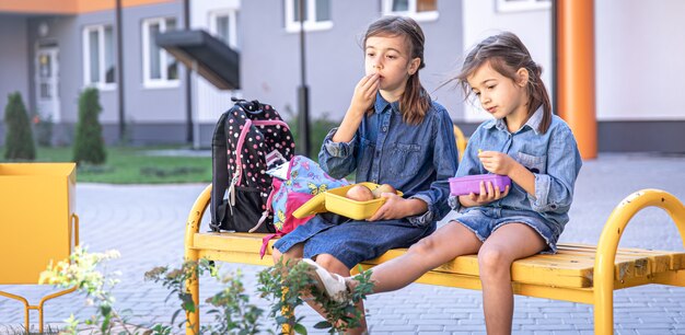 Back to school. Cute little school girls sitting on bench in school yard and eating lunch outdoor.
