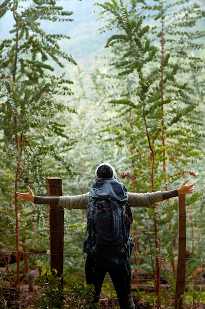 Free photo back view adventurous man bivouacking