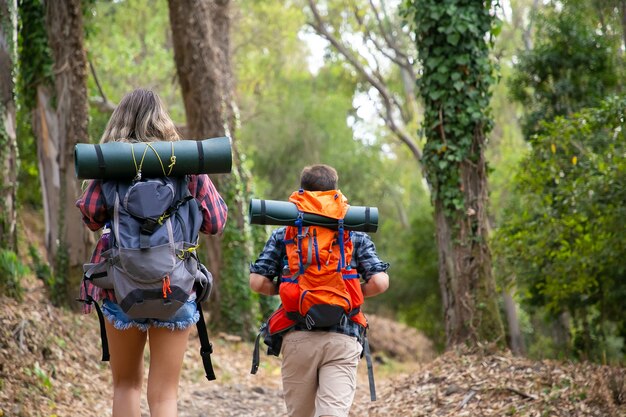 Back view of backpackers walking on mountainous trail. Caucasian hikers or traveler carrying backpacks and hiking in forest together. Backpacking tourism, adventure and summer vacation concept
