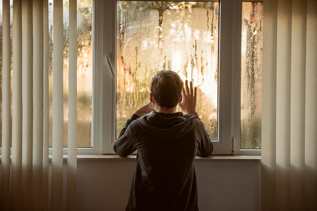 Back view boy standing next to windows