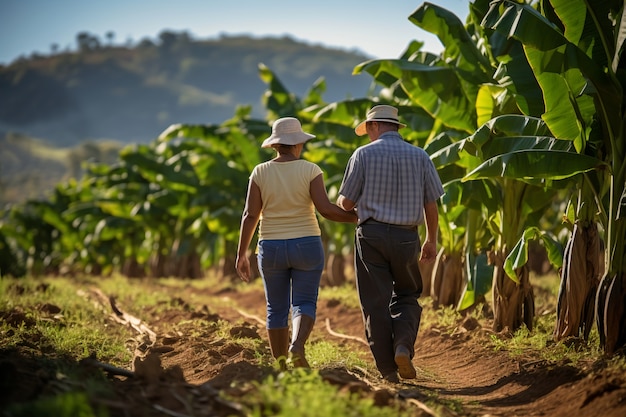 Back view couple in bananas field