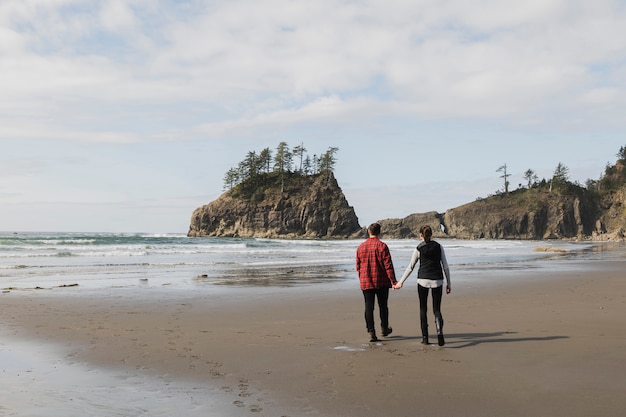 Back view of couple holding hands on shore