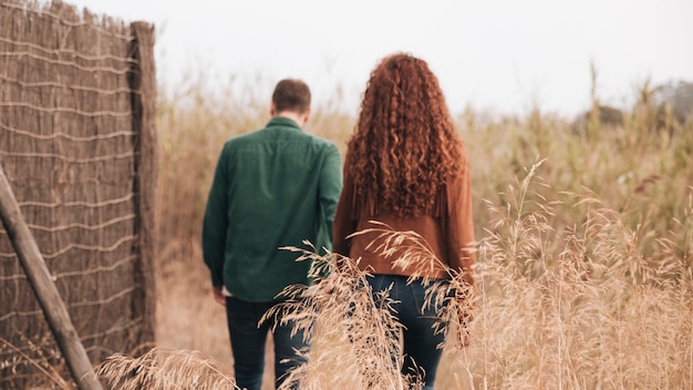 Free photo back view couple walking through wheat field