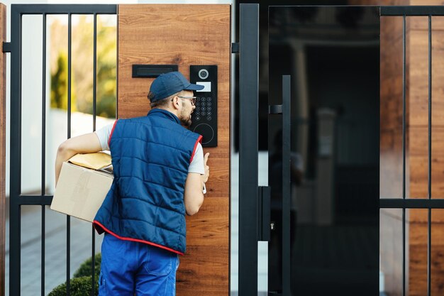 Вид сзади на доставщика, звонящего по внутренней связи у ворот дома клиента во время доставки посылок