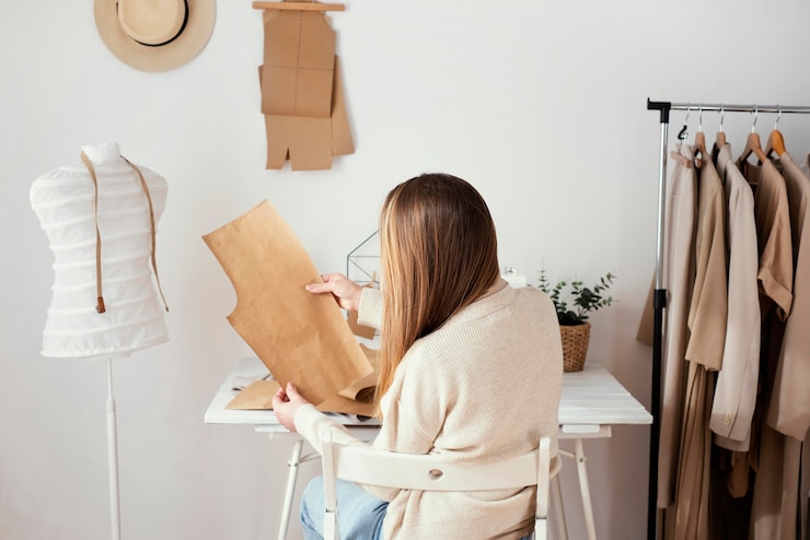 Free Photo back view of female tailor with patterns in hands