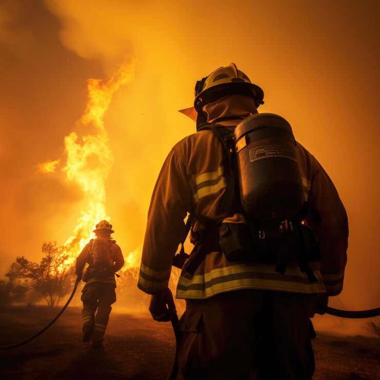 Free Photo back view  firefighters trying to put out wildfire
