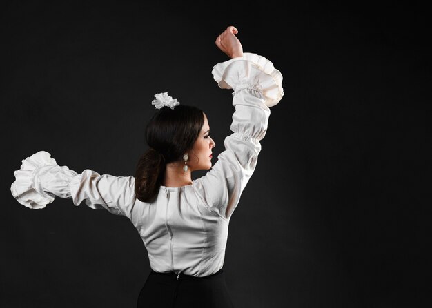 Back view flamenca dancer performing