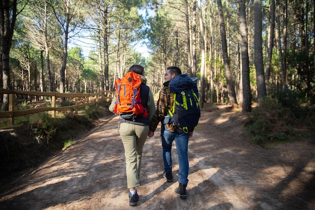 Back view of fond couple of young hikers. Caucasian man with beard and woman with dark hair with big backpacks holding hands. Hobby, nature, love concept