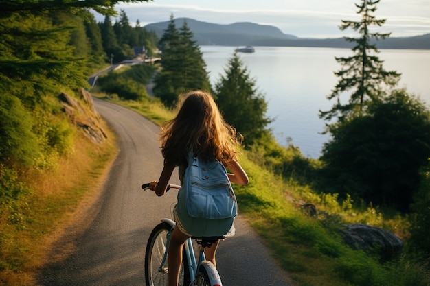 屋外で自転車に乗る背面図の女の子