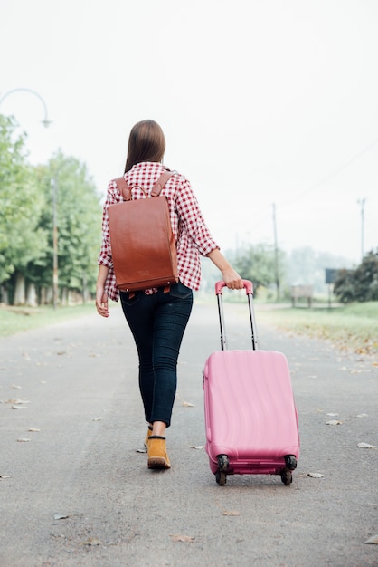 Back view girl with backpack and pink luggage