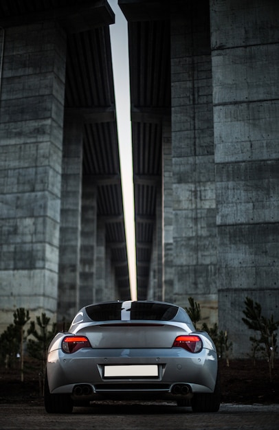 Free photo back view of a grey car standing under the bridge.