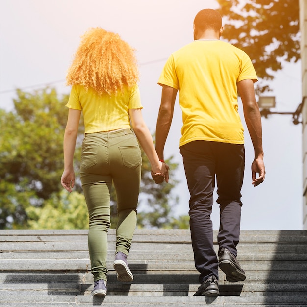 Free photo back view of interracial couple walking upstairs