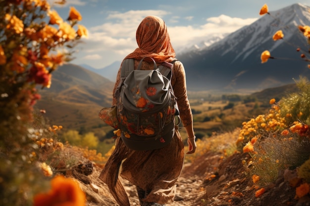 Free photo back view islamic woman hiking