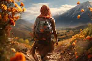 無料写真 背後から見たイスラム教徒の女性のハイキング