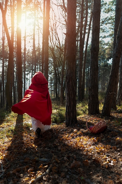 Back view little red riding hood in the forest