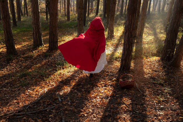 Back view little red riding hood in the forest