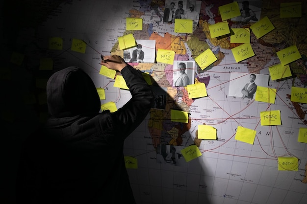 Вид сзади человека, планирующего хакерскую атаку в темной комнате. Человек пишет на стене наклейками, фотографиями и красными нитками. Планирование, заговор, концепция взлома