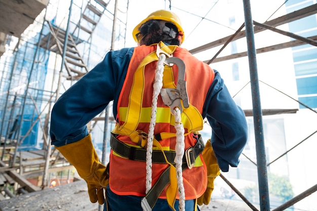 Foto gratuita uomo di vista posteriore con equipaggiamento di sicurezza