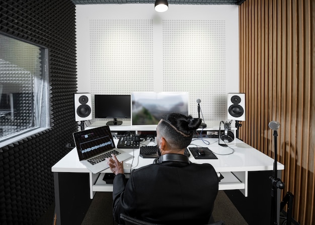 Free photo back view man working at a radio station