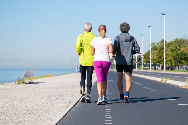 Back view of mature joggers in sports clothes running on track along river bank. Full length, copy space. Activity or healthy lifestyle concept