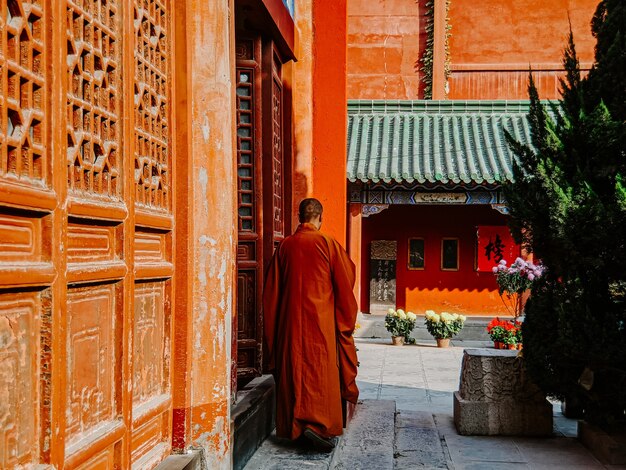 Back view of a monk in an orange uniform walking near a t