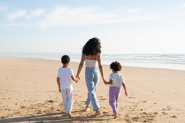 Back view of mother and children holding hands on beach. African American family spending time together on open air. Leisure, family time, togetherness concept