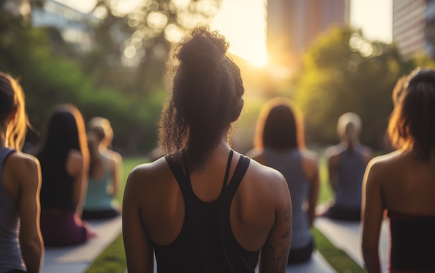 Free photo back view people doing yoga together