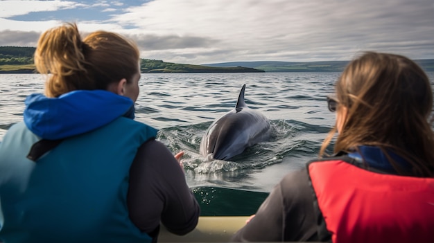 Бесплатное фото Вид сзади людей, наблюдающих за плаванием дельфинов