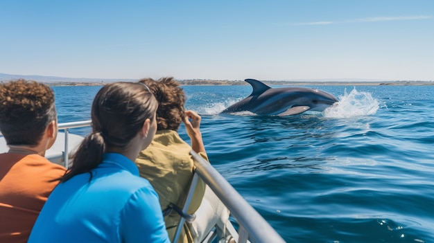 Foto gratuita vista posteriore delle persone che guardano i delfini nuotare