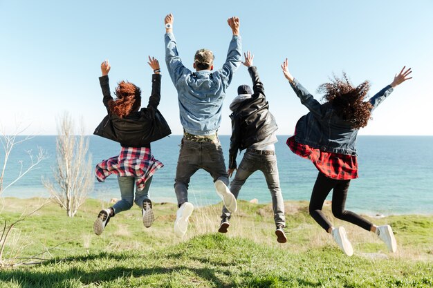 Back view picture of a group of friends jumping