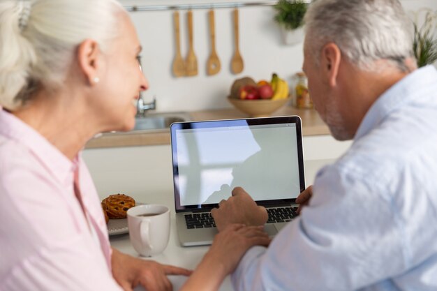 Back view picture of mature loving couple family using laptop