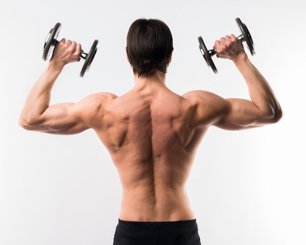 Back view of shirtless athletic man with weights